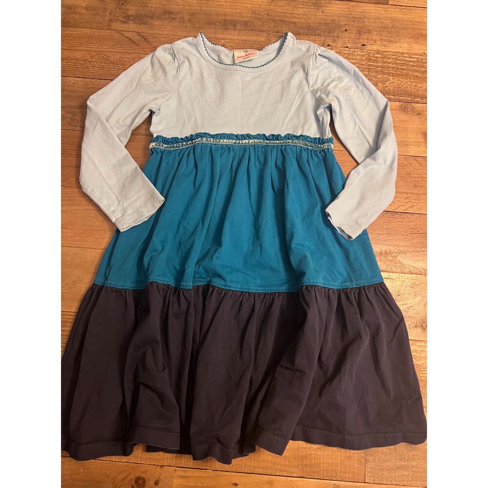 Hannah Andersson Blue Tier Color Block Long Sleeve Dress 120  6-7